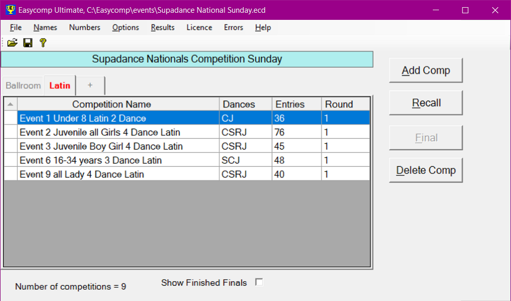This is the main screen. Competitions can be grouped together on separate tabs. At a glance you can see the
			total number of competitions, plus the dances, number of entries and round number of each one.